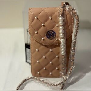Badgley Mischka Pink Quilted Pearl Strap Phone Case Crossbody
